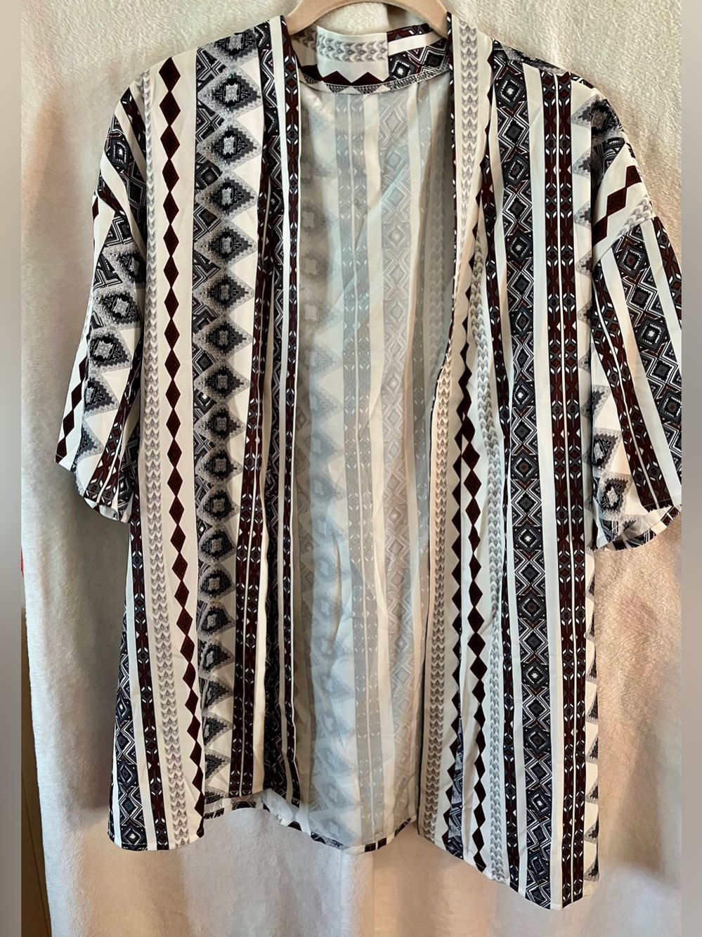 Open Front Geometric Stripe Kimono Cardigan - White & Brown